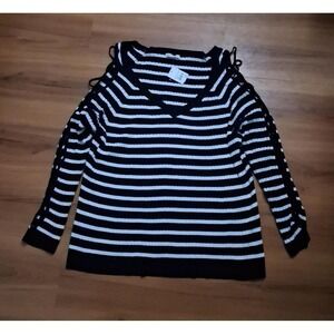Womens Nwt Cato Ribbed Stripe Open‎ Sleeves V- Neck Sweater